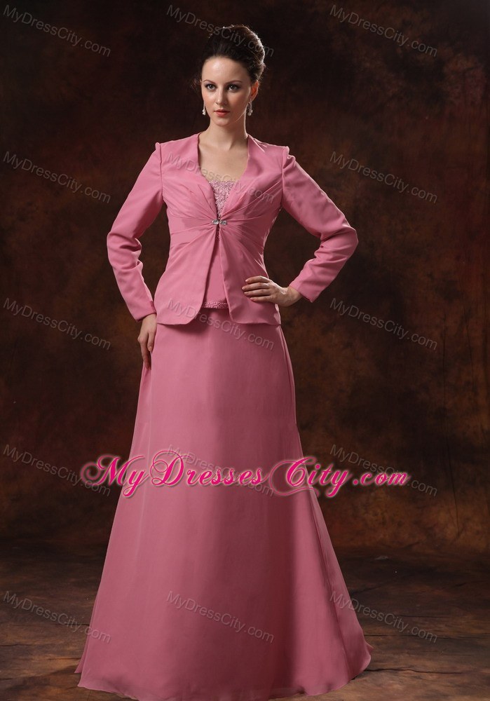 Chiffon Strapless Appliques Rose Pink Mother Of The Bride Dress With Coat