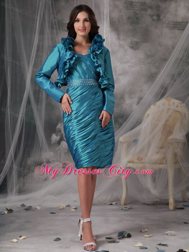 Beading Strapless Pleats Teal Knee Length Mother Of The Bride Dress 4040