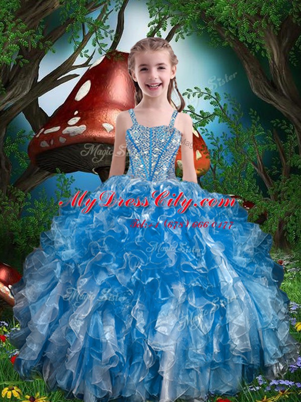 Blue Ball Gowns Beading and Ruffles Kids Pageant Dress Lace Up Organza ...